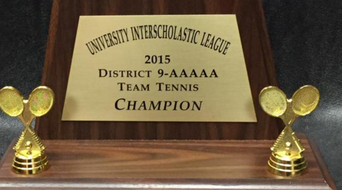 The tennis team received the District 9-5A championship trophy after defeating Frisco 10-5 on Saturday. The team opens area play at home against Sherman Tuesday. 
