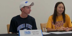 Chase Fritz and Cheleen Cousins were two of five student athletes that signed a National Letter of Intent in the library in front of family and friends on Wednesday, Nov. 11, 2015.