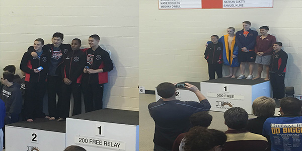 Some of the winners at the District 11-5A swim meet including the schools 2nd place 200 free relay team on the left. 