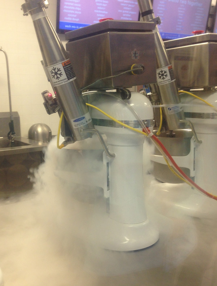 Nitrogen smoke is visible from the front door coming from the ice cream mixers.