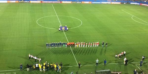 Looking down from the Toyota Stadium press box, the womens national teams from the United States and Puerto Rico.