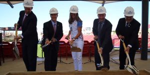 The ceremonial groundbreaking for the U.S. National Soccer Hall of Fame featured (from L to R): FISD Superintendent Dr. Jeremy Lyon, FC Dallas president Clark Hunt, 2016 Hall of Fame inductee Brandi Chastain, FC Dallas' Dan Hunt and Frisco Mayor Maher Maso.