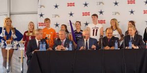 At the official groundbreaking ceremony for The Star, Stephen Jones (second from the left) is flanked by Frisco ISD students and FISD Superintendent Dr. Jeremy Lyon (far right).