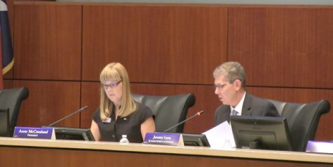 Superintendent Dr. Jeremy Lyon and school board president Anne McCausland sit on the dais during a Frisco ISD Board of Trustees meeting earlier this year.  The public portion of Mondays meeting begins at 7:30 p.m. 