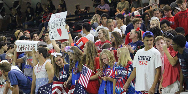 American flags were on display throughout the stands at the Ford Center during Fridays 44-35 win over Centennial.