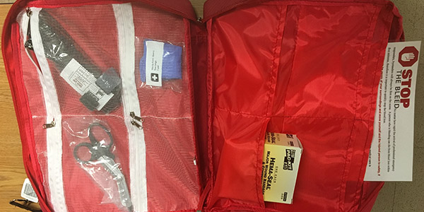 The new first aid kits provide tools to help stop massive bleeding. The first step in stopping any bleeding is to apply pressure either directly with hands or with the using of bandages or clothing. If the bleeding doesnt stop at that point, the kits also provide a tourniquet which can be used. 