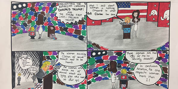 “It basically just resembles how Donald Trump is a hypocrite and how he’s saying all these things about Bill Clinton doing stuff to women when he in fact is doing it himself,” student artist Kira Robinson said. 


