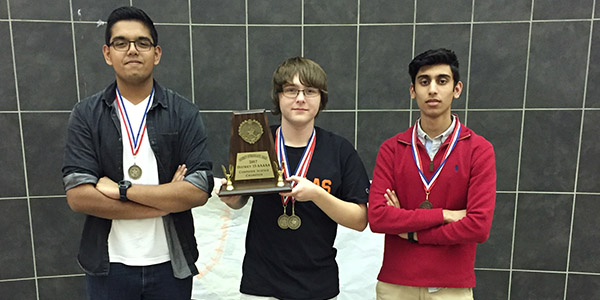 Manav Sood (left), Ben Wyatt (center) & Rohith Perumalla (right) along with Kevin Li (not pictured) brought home first place in the District 13-5A computer science team competition Friday night at the school. The team advances to the 5A Region II meet in Prosper April 7-8. In addition to team honors, Ben Wyatt took first individually, with Kevin Li taking fifth. 