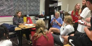 Student Council sits with assistant principal Stacey Whaling to discuss the 2017 senior prom. Prom is just one of many activities StuCo is involved with and starting Monday, interviews begin to be a part of next years StuCo.  