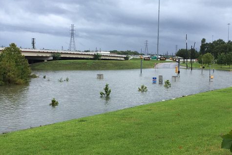 Taken from outside of office buildings on the University of Houston campus, many typically busy streets were flooded as a result of several feet of rain falling during Hurricane Harvey. 