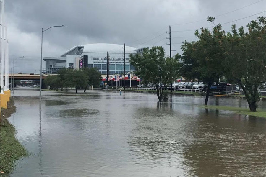 NRG Stadium, home of NFL team the Houston Texans, is seen partially underwater.