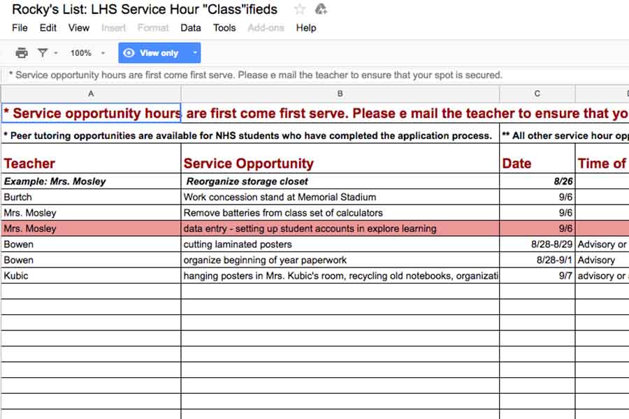 Both staff members and students have access to Rocky;s List which allows a teacher to put in a task they need help with. Once that is done, students can then sign up for a given job in which they can receive service hours. 
