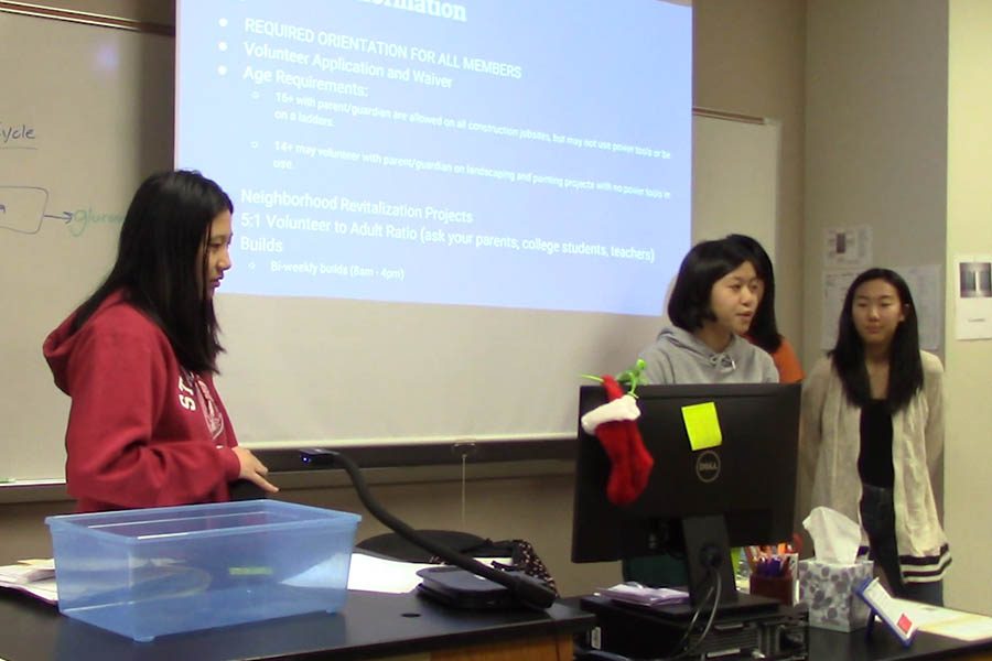Starting this year, the Habitat for Humanity club hopes to raise money to go towards building homes for those in need. Sophomores Kate Liang, Christine Le and Jessie Rho (left to right) addressed club members at their first meeting on Thursday, Oct. 5, 2017.