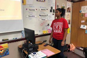Leading a presentation on bullying, freshman Sasha Cornelius is one of the dozens of students who have volunteered to lead Redhawk Rants this year. 

