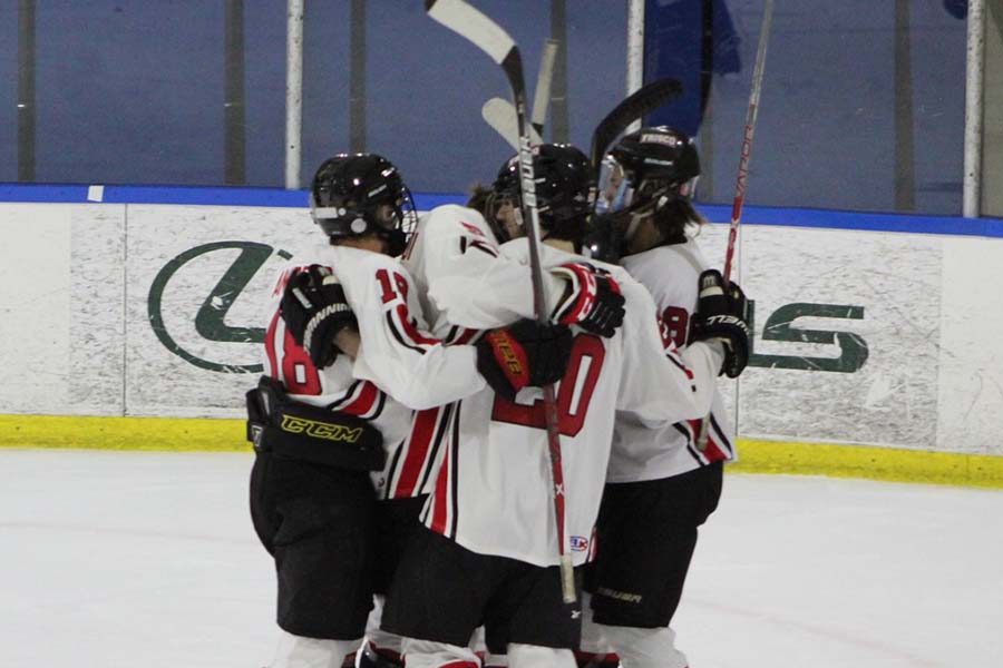 Celebrating a goal, junior Andrew Cimino (#20) and the rest of the Frisco hockey team are looking for a return to the national championship. 