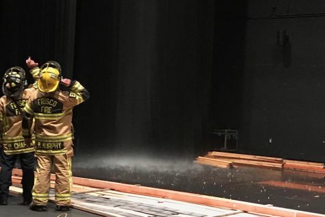 After an accident in tech theater knocked off an emergency sprinkler  above the stage in the auditorium and broke a pipe, water rained down  on the stage. When the emergency sprinkler got hit, it triggered a fire alarm leading to the Frisco Fire Department responding. 