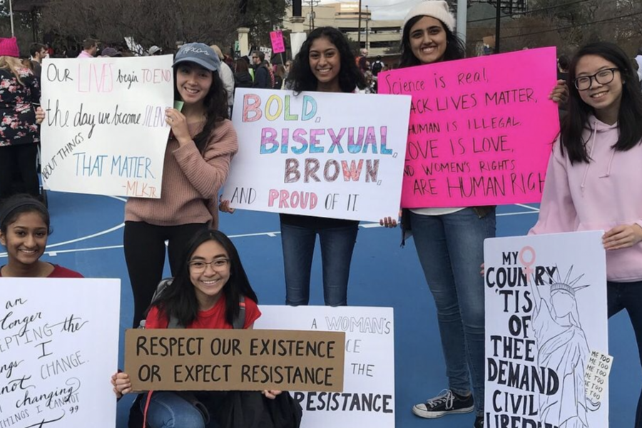 Sophomore Aarti Aravapalli along with seniors Sophie Kwon, Kaci Nguyen, Deepti Aravapalli, Sonika Rao, and Esther Wang (from left to right) walked in the Womens March on Saturday.