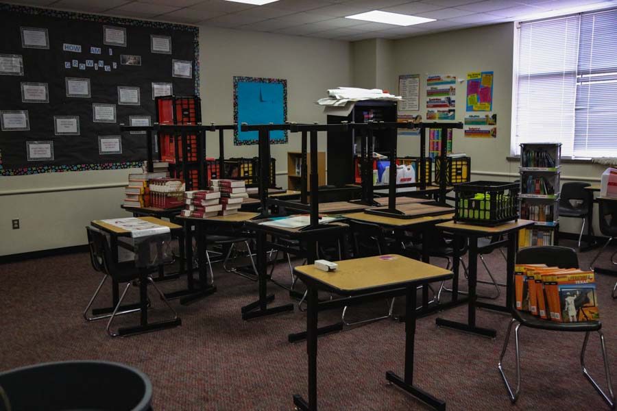 Desks are stacked on top of each other and other  items have been moved in several classrooms after a drainage pipe broke on the roof Tuesday, Feb. 20, 2018, leading water to seep into the building. The rooms are expected to be back in use the week of Feb. 26. 