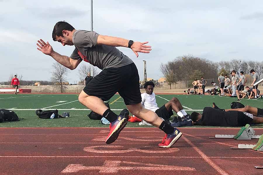 Taking off from the starting blocks,             works out during Thursdays track practice. With the girls team competing in a meet at Richland High School, the boys are practicing for their meet on Saturday at Byron Nelson High School.