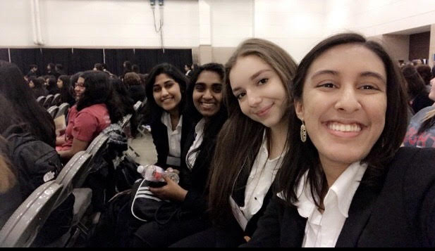 (from left to right) Juniors Shobha Melukote, Merlyn George, Elana Breslav, and Ria Bhasin placed 5th at the area competition for Biomedical Debate.
