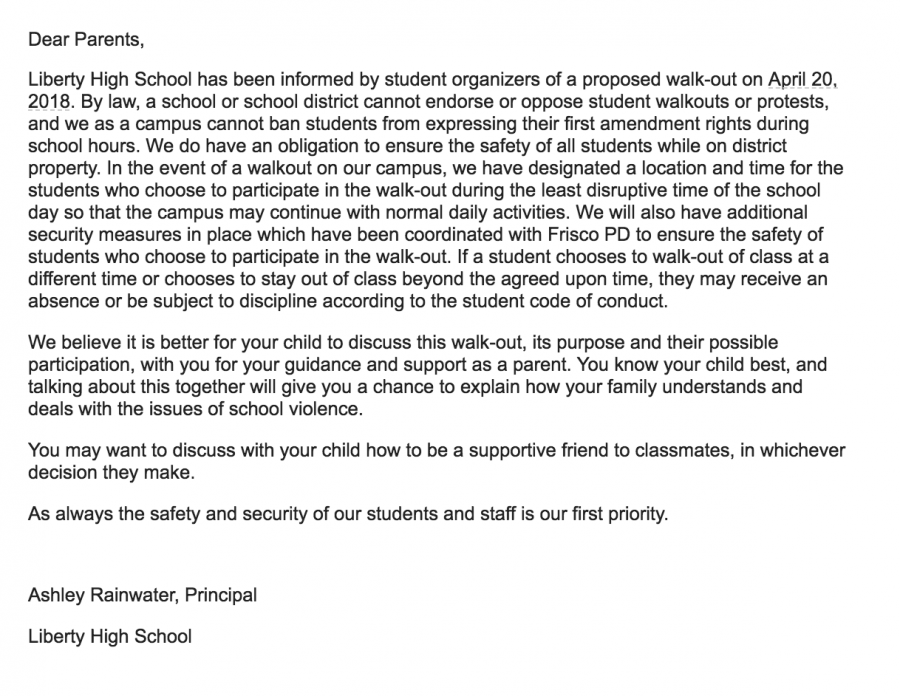Parents of students were sent this email from Principal Ashley Rainwater on Thursday regarding Fridays walkout.