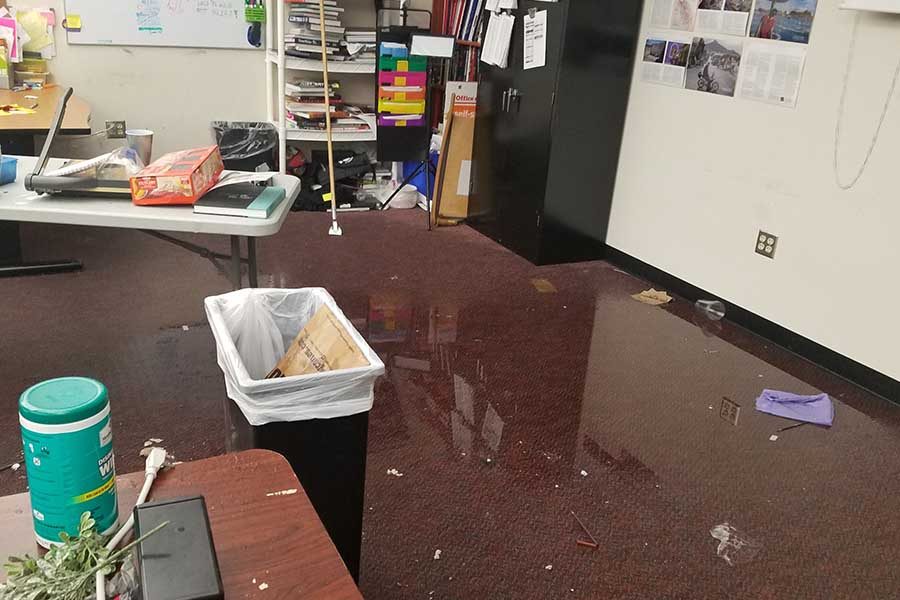 With water still pooled on the floor of the yearbook room, cleanup began as soon as the damage was discovered with more than half of the computers in the room moved out and possibly suffering damage. 