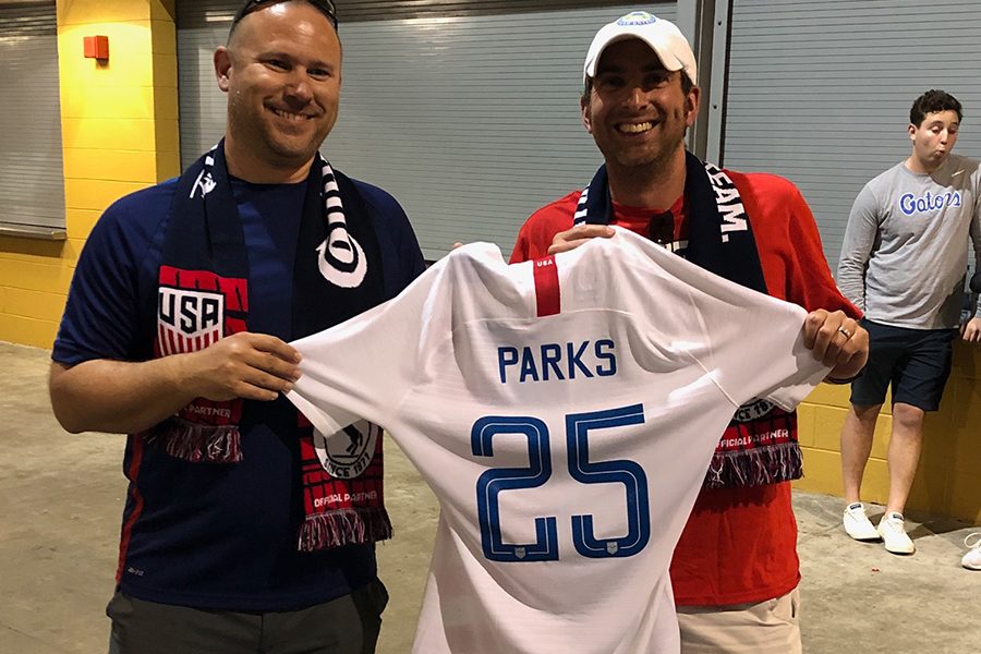 Holding Keaton Parks U.S. national team jersey, former assistant coach Jonathan Mikulas and Redhawks head coach Fred Kaiser, along with current assistant Adam Cecil flew to Philadelphia to watch Parks debut with the national team in its 3-0 win over Bolivia. 
