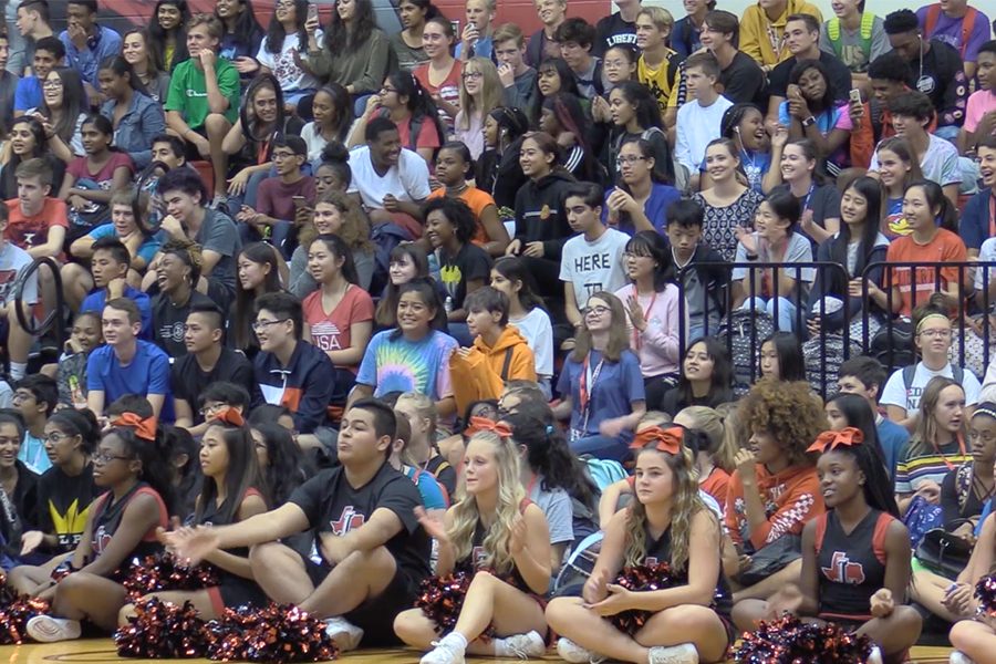 Student fill the gym at one of the schools first pep rallies of the year in 2019. However, seating arrangements look a little different this year, with upperclassmen being in the stands, and underclassmen watching from their classroom via livestrea.