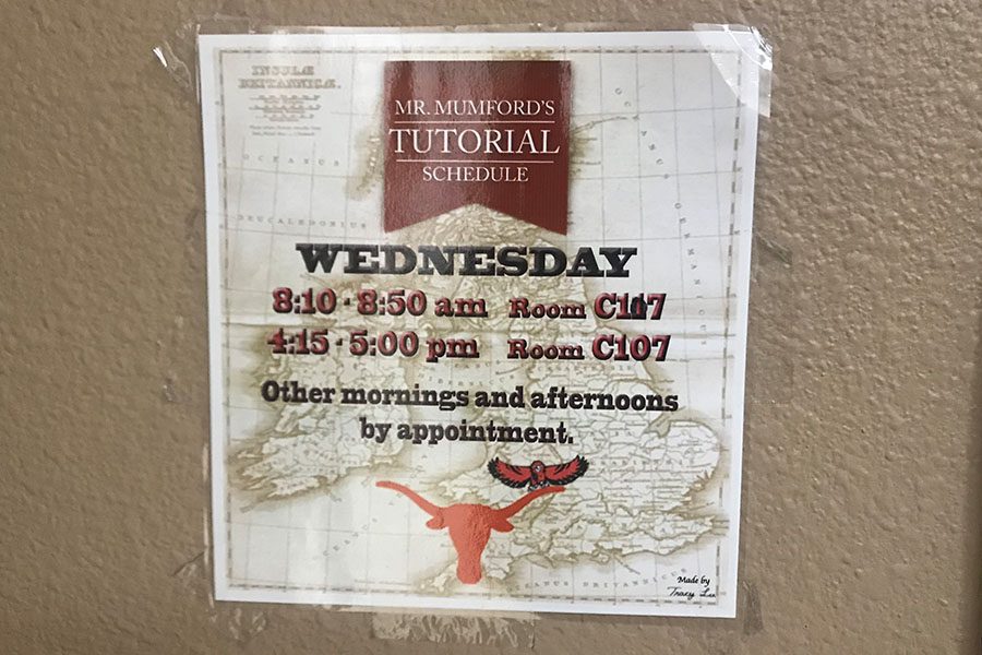 Mr. Mumfords various history classs tutorial times are posted outside his classroom along with many other teachers on campus as the school takes up mandatory tutorials.
