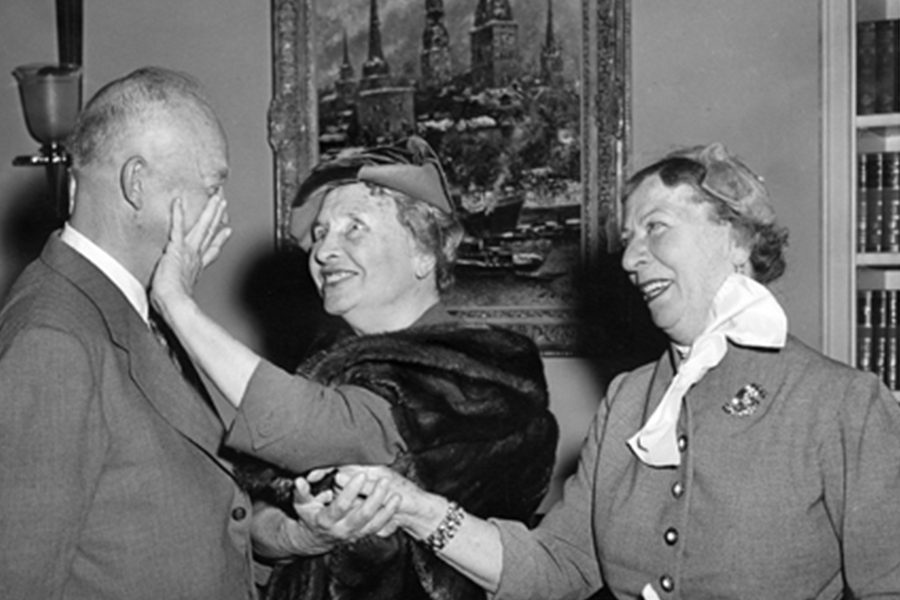 Placing her hands on the face of President Dwight D. Eisenhower, Helen Keller along with her companion Polly Thompson met Eisenhower on November 3, 1953.