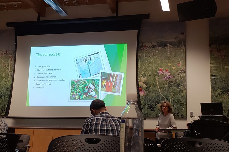 Master gardener, Julie Grim, speaks to the community members about tips for developing a successful garden, such as being prepared when shopping for vegetables, being patient with gardening, learning from mistakes and performing regular maintenance throughout the garden.    

