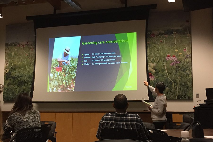 As the Organic Vegetable Gardening presentation begins, Master Gardener, Mimi Serrao, starts off the presentation by giving the community members information on the ideal times to water plants during each different season.  
