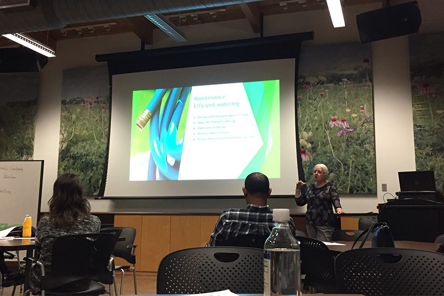 The last speaker of the Organic Vegetable Gardening presentation, Master Gardener, Rebecca Brady, gives the community members tips on the ideal ways to water their home gardens to achieve maximum results.  
