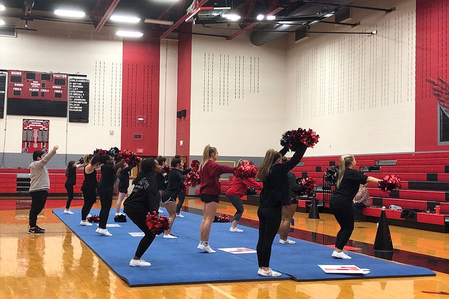 The Redhawk Cheer team makes preparation for their UIL state competition. Last year the took home 16th place out of the 64 teams that competed.