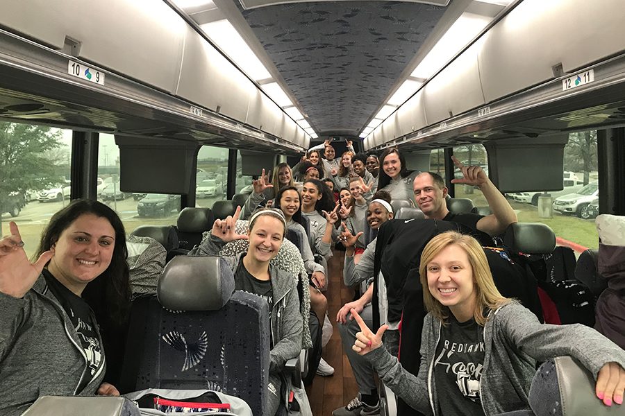 After walking through the halls for a state send-off, the girls basketball team boarded the bus for a 300 mile drive south to San Antonio where they face Kerrville Tivy in the 5A state semifinal. This is the second time in four years the team has advanced to the state tournament. 