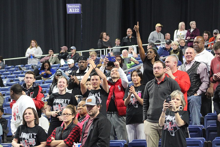 Redhawks fans celebrate as the final seconds tick off the clock in the teams 34-28 state semifinal win over Kerrville Tivy in the Alamodome on Thursday, Feb. 28, 2019. The team is back in action Saturday against Amarillo in the 5A championship game. 