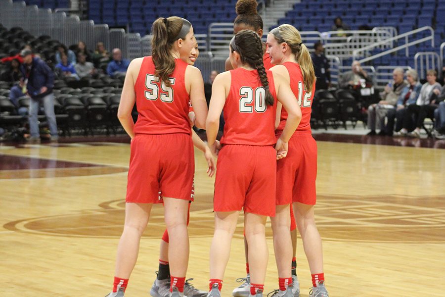 Taking the court at the Alamodome on Thursday, Feb. 28, 2019 in the 5A state semifinal, starters: Randi Thompson, Mara Casey, Kelsey Kurak, MacKenzie Glover, and Kailyn Lay get ready to take on the Kerrville Tivy Antlers. The Redhawks would go on to win 34-28, advancing to Saturdays championship.