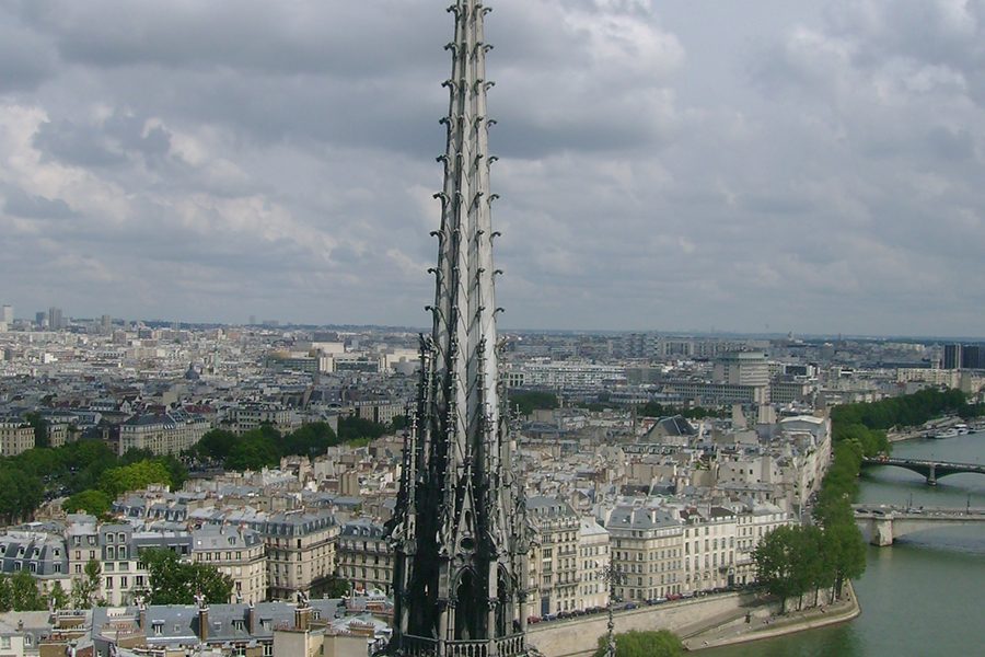 The Cathedrals flèche or spire was destroyed in Mondays fire. After the original spire was removed in 1786, Eugène Viollet-le-Duc recreated it,  making a new version of oak covered with lead that weighed in at 750 tons.  



