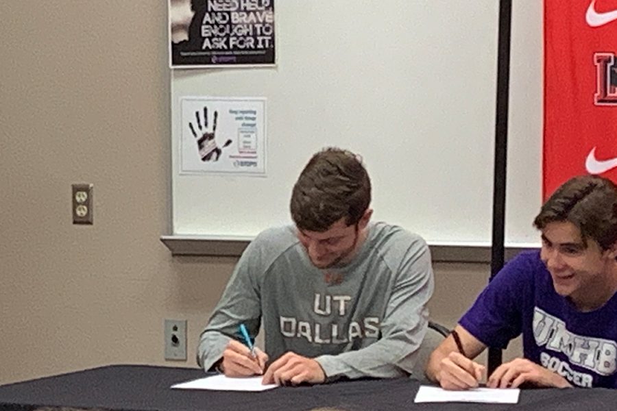 Soccer+player+CJ+Nelson+signed+a+National+Letter+of+Intent+to+continue+his+athletic+career+at+University+of+Texas+at+Dallas+at+a+Signing+Day+Ceremony+Friday+in+the+lecture+hall.+
