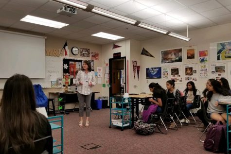 District Board of Trustees member Debbie Gillespie (Place 5) speaks to the campus Youth and Government club about her work as a board member. Students then had to ask her questions about her thoughts on education legislation just three days before the board election on Saturday.