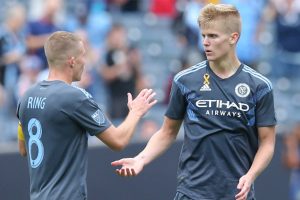 Former Redhawk and current New York City FC midfielder Keaton Parks (55) celebrates his goal against the San Jose Earthquakes with midfielder Alexander Ring (8) during the first half at Yankee Stadium. Parks and his NYCFC team will be in Frisco Sunday when they take on FC Dallas at Toyota Stadium. 