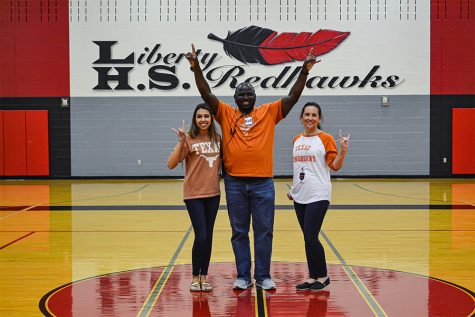 UT Austin Alumni English teacher Hope Rojas, assistant principal John Brown, and principal Ashley Rainwater show their Longhorn love in The Nest. As the early application deadline for both schools approaches Nov. 1, faculty give students their insight.