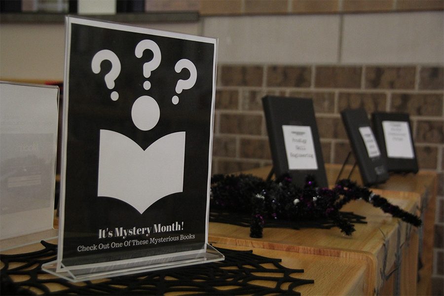 Students can find these mystery books on the shelves as they walk into the library. The only detail about what the books are about is three keywords on the cover.  