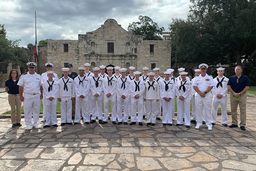 Standing in front of The Alamo in San Antonio alongside his peers, junior Brendan Bondy is on the track to join the navy.