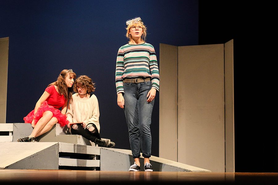 Former Redhawks Rachel Van Meter  UIL One Act competition, with seniors Isabell Kott and Emily Degarmo.  The cast and crew will be heading to Lebanon Trail Wednesday, to show off their work, and compete with other companies from across the district. 