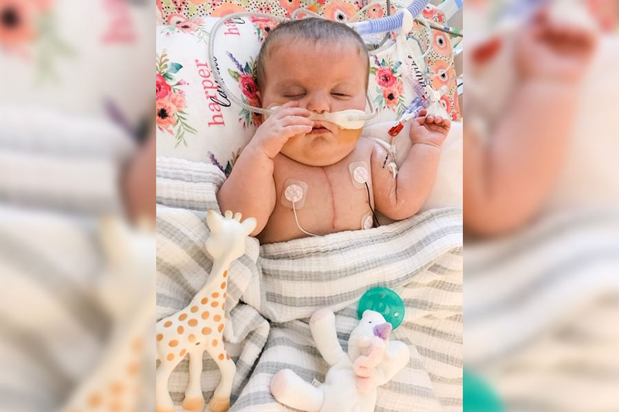 Sleeping, baby Harper is has spent seven months in the hospital as they work to fix her heart after she was diagnosed with Hypoplastic Right Ventricle with Pulmonary Atresia.