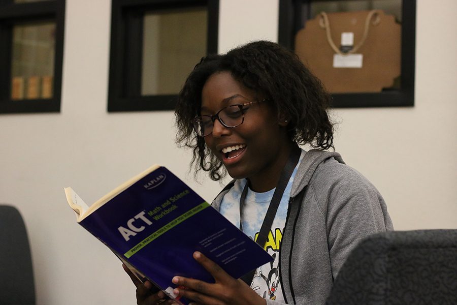 With SAT and ACT on the horizon for many students, senior Mykah Robins studies with an ACT prep book. The Frisco ISD presentation on SAT and ACT will cover some tips and guidelines for the test, with the help of Princeton Review. 