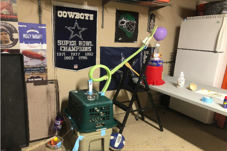 Juniors Olivia Allphin and Malei Coxs Rube Goldberg Machine was designed to help clean up gazelle toys. Each of the AP Physics 1 students put together elaborate machines with multiple steps in order to  complete one task. 