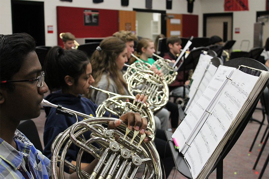 French horn musicians practice during band class. These instruments and many more will be featured in the band programs mid-winter concert Thursday in the auditorium at 7 p.m.