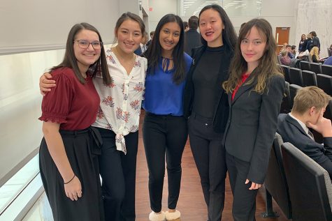 Smiling for the camera, 
junior Shira Silberman poses with other mock trial students from across the district, including Lauren McCoy, Nikitha Bolla, Evelyn Chew, and Kara Burns. Mock trial has given Silberman the exposure to almost real court cases, in hopes of it setting her up for the future. 